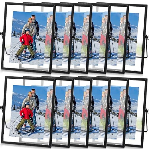 Hoteam 12 Pack 4 x 6 Inches Floating Frame Glass Photo Frame Collection Vintage Metal Minimal Ornate Easel for Pictures Photos Desk Tabletop Display(Black)
