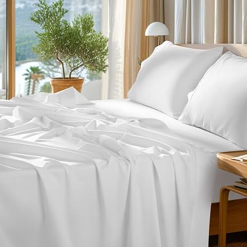 "SONORO KATE 1000 Series 100% Egyptian Cotton Full Sheet Set,4 Pieces - Soft,Breathable Long Staple,Sateen Weave,Luxury 5-Star Hotel Bed Sheets,16"" Deep Pocket,White"