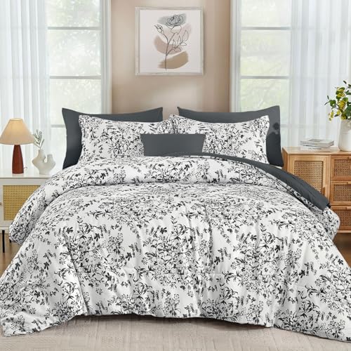 WONGS BEDDING King Comforter Set - Flower Botanical Soft Fluffy Microfiber Complete Bedding Sets for All Season
