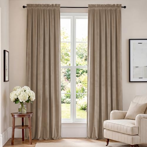 "Lazzzy Velvet Blackout Curtains Thermal Insulated Room Window Drapes Super Soft Luxury Curtains for Living Room Bedroom Rod Pocket 2 Panels, Light Taupe, 52"" W x 90"" L"