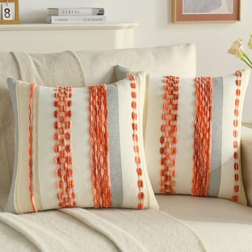 FUTEI Pack of 2 Boho Chenille Decorative Throw Pillow Covers 20x20 Inch Soft Tufted Striped Textured Cushion Case,Farmhouse Accent for Couch Bed Living Room, Orange Coral