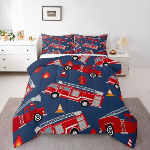 Feelyou Cartoon Car Bedding Set Fire Truck Comforter Set for Kids Boys Girls Teens Room Decor Firefighter Comforter Firemen Car Vehicle Fire Engine Blue Red Duvet Set 2Pcs Twin Size