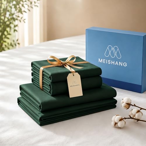 "MEISHANG 1000 Thread Count Cotton Sheets King Size - 100% Egyptian Cotton, Sateen Weave, Ultra Soft & Breathable Sateen, 16"" Deep Pockets - 4 Piece (King, Forest Green)"