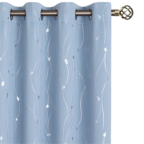 BGment Room Darkening Curtains 90 Inches Long, Grommet Thermal Insulated Blackout Curtains with Wave Line and Dots Printed for Bedroom, 2 Panels, Each 52 x 90 Inch, Light Blue