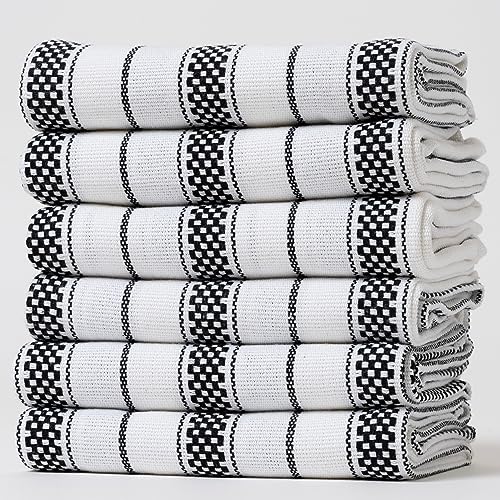Casa De Lan Kitchen Towels Set ??? Pack of 6 (20?????? x 30??????) Extra Large Premium Cotton Dish Towels for Kitchen ??? Chain Stripe Towels ??? Highly Absorbent ??? 100% Cotton ??? with Hanging Loop ??? Black