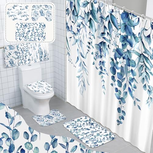 Tatuo 8 Pcs Blue Eucalyptus Shower Curtain Set Watercolor Floral Plant Bathroom Decor Waterproof Leaves Shower Curtain with Rugs Towels, Include Non Slip Rug, Toilet Lid Cover, Bath Mat and 12 Hooks