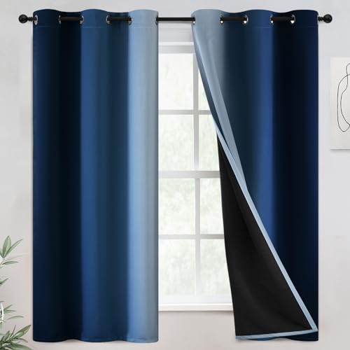 COSVIYA 100% Blackout Curtains & Drapes Ombre Blue Curtains 63 inch Length 2 Panels,Full Room Darkening Grommet Gradient Insulated Thermal Window Curtains for Bedroom/Living Room,42x63 inches