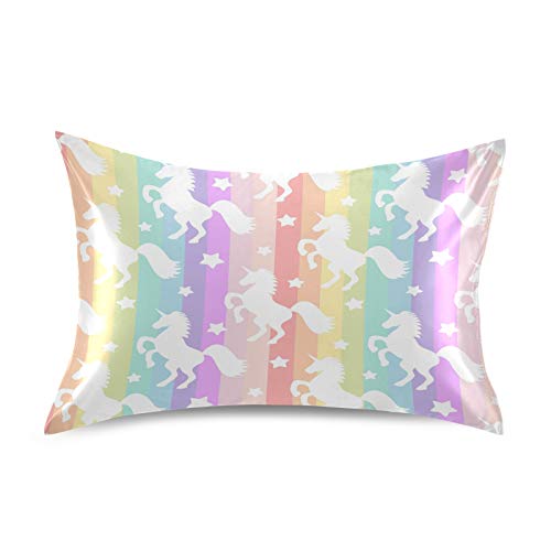 Satin Pillowcase for Hair and Skin, Queen Size Cute Licorne Rainbow Stripe Decorative Pillow Sham with Envelope Closure Pillow Cover for Bedroom Hotel