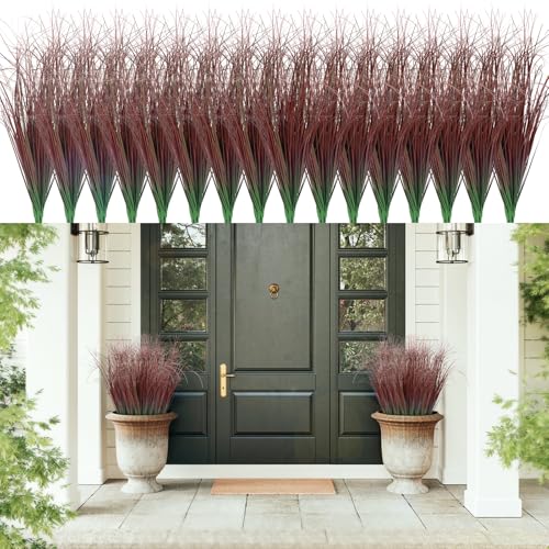 LUZOGA 48Pcs Artificial Grass Plants, Faux Shrubs Wheat Grass, Artificial Tall Grasses Fake Plants for Outdoor Decor,Artificial Greenery Stems Weed for Room Indoor Home Decor???Red???