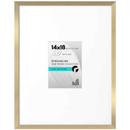 Americanflat 14x18 Picture Frame with Polished Plexiglass - Use as 5x7 Frame with Mat or Display 14x18 Photo Without Mat - Streamline Collection - Thin Border Picture Frames for Wall - Gold