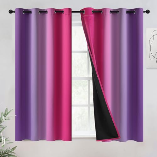 COSVIYA 100% Blackout Curtains & Drapes Pink Purple Curtains 54 inch Length 2 Panels,Full Room Darkening Grommet Gradient Insulated Thermal Window Curtains for Bedroom/Living Room,52x54 inches