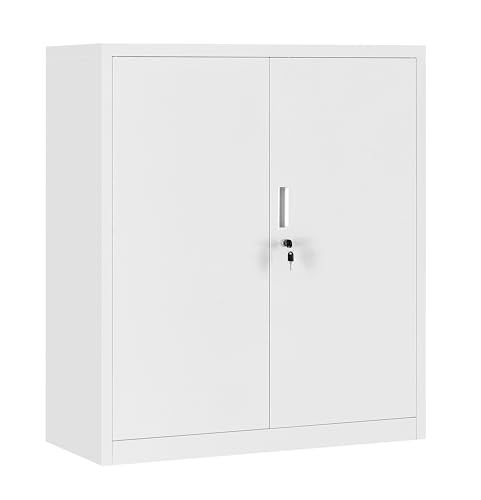 MMT Furniture Designs Ltd Small Steel Cabinet - 2 Door 2 Shelf Lockable Filing Cabinet - Metal Storage Cupboard for Home, Office Documents, Files, Kitchen, Pantry & Garage - White