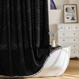 Boho Black Tassel Woven Fabric Shower Curtain - 72 x 72 Modern Farmhouse Textured Tufted Chevron Striped Minimalist Bathroom Curtain