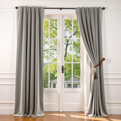 Lazzzy Blackout Velvet Curtains - Grey Thermal Insulated for Bedroom & Living Room - Darkening Soft Luxury Noise Reducing Soundproof - 84 Inch Length, 2 Panels - Light Gray