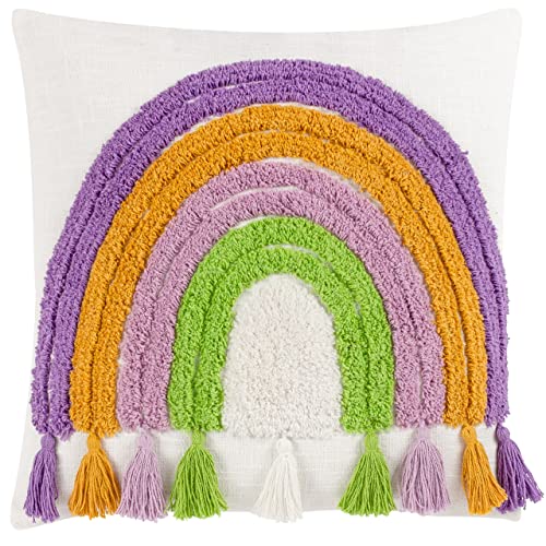 furn. Heya Home Rainbow Tassel Feather Filled Cushion – Colourful Tufted Cotton Rainbow Tassel Trim Decorative Pillow (Multicolour – 45x45cm)
