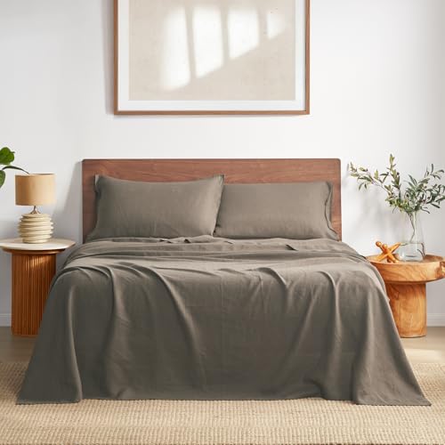 "DAPU 100% French Linen Sheets 4Pcs Set, 170GSM Linen Bedding, King Size - Soft Breathable Cooling for Hot sleepers, 16"" Deep Pocket & 360?? Elastic, Pure French Linen Flax from Normandy, Gray Green"
