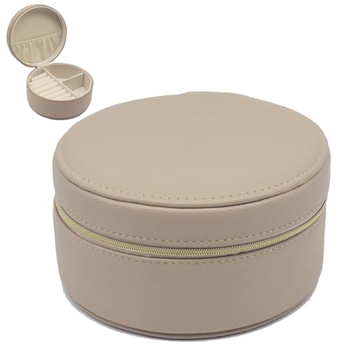 Lesser & Pavey Round Beige Faux Leather Lockable Jewellery Box - Secure Closure, Compact Design, Protective Lining, Portable Storage, Stylish Present