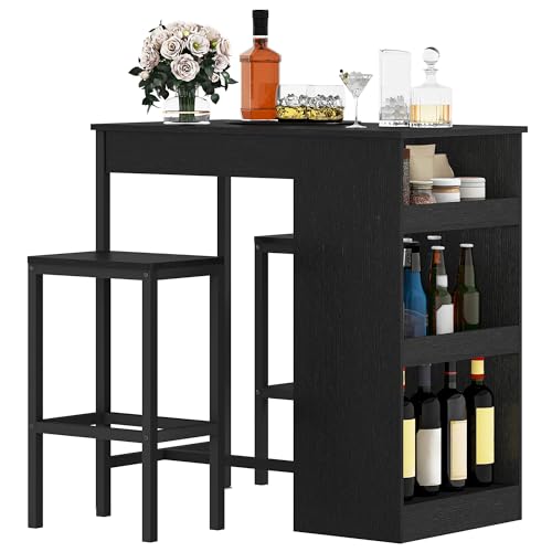 DWVO Breakfast Bar Table and Stools Set, Kitchen Breakfast Bar Table Set Storage Shelf for Kitchen Dining Room Pub Industrial Steel Frame Black