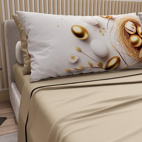 PETTI Artigiani Italiani - Easter Bed Linen in Cotton with Pillowcases in Digital Print, French Quarter Size, Easter Bed Sheet Set Top and Bottom with Corners, 24 Beige, Made in Italy