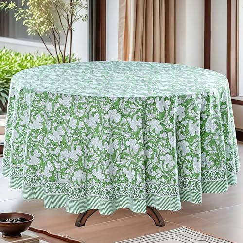 Ridhi Round Tablecloth Hand Block Print 100% Cotton Reusable Sage Green 60 Inch Table Cover Decorative Everyday Use for Dining, Home, Party, Wedding, Farmhouse, Party Gift for Spring, Mother's Day