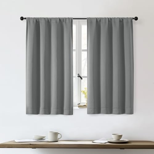 OWENIE Sally Light Grey Short Blackout Curtains for Bedroom Living Room 45 Inch Length 2 Panels Set, Solid Energy Saving Insulated Bathroom Window Treatment Curtains Blackout Drapes, 2 Pcs W40 x L45