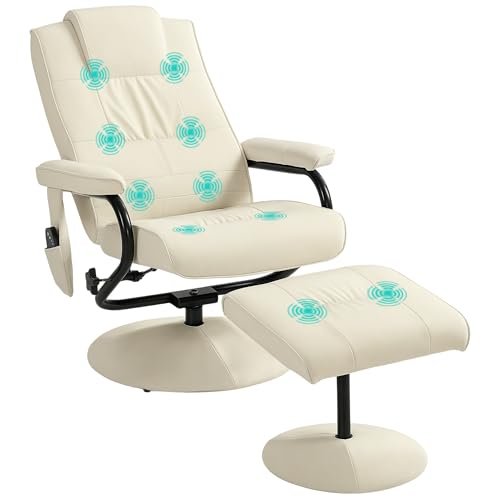 HOMCOM Swivel Recliner Chair and Footstool, Massage Recliner, Cream White