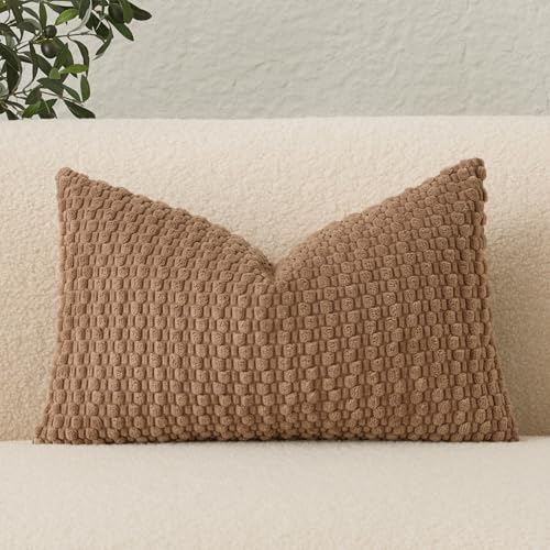 UGASA Velvet 12x20 Inch Lumbar Throw Pillow Cover, Both Sides Corduroy Striped, Soft Solid Decorative Rectangular Cushion Case for Couch/Bedroom/Car, 1 Piece, Light Brown