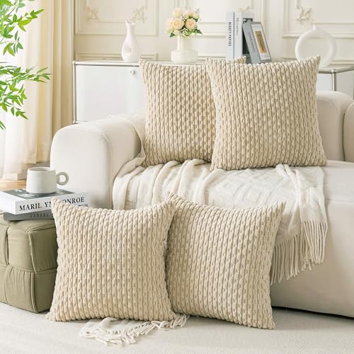 Cozoomy Set of 4 Beige Decorative Throw Pillow Covers 24x24 Inch Corduroy Pillow Covers for Bed Couch Sofa Living Room Soft Square Cushion Cases