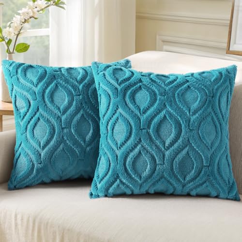 decorUhome Set of 2 Faux Fur Cushion Covers 40x40 cm, Decorative Soft Plush Fluffy Velvet Cushion Cover 16X16 Inch, Square Boho Neutral Pillow case for Sofa, Teal