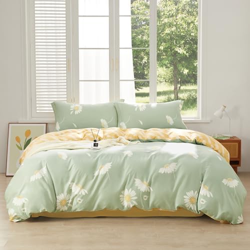 "SAPHREAS Green Duvet Cover Set Queen Size 3pcs White Daisy Floral Printed Bedding Comforter Cover Set 100% Cotton 1 Duvet Cover 90""x90"" 2 Pillow Shams, Comforter Not Included"