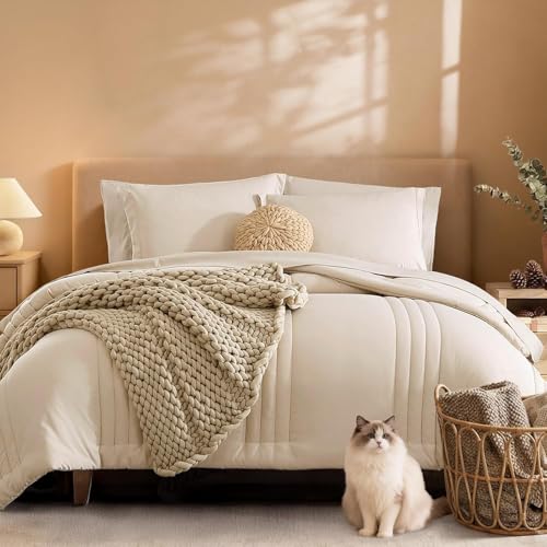 Oversized Queen Comforter Set-7 Pieces Soft Bed in a Bag Queen Bedding Sets - Monbix All-Season Vertical Quilted Comforter with Sheets, Pillow Shams & Pillowcases, Beige