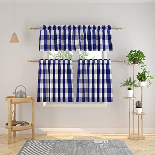 "Natus Weaver 3 Pc Cotton Classic Country Farmhouse Kitchen Window Curtain -Navy Blue & White Buffalo Check Tier & Valance Set, 54"" x 18"" / 27"" x 30"""