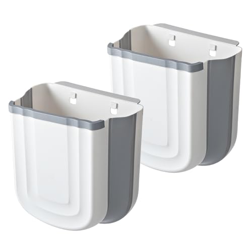 Soddeph Collapsible Hanging Trash Can for Kitchen Cabinet Door, 9L Plastic Foldable Waste Bin, 2.4 Gallon Small Wall Mounted Garbage Bin for Kitchen, Bathroom, Bedroom Countertop (Gray+Gray)