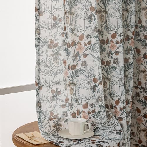 SUOUO Vintage Floral Semi Sheer Curtains Linen Textured for Living Room Patterned Black Leaves 96 inches Long Window Drapes for Dining Bedroom 2 Panels