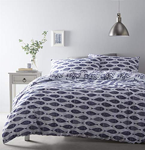 Portfolio Fish Cove Super King Size Duvet Cover Blue Bed Set Reversible New
