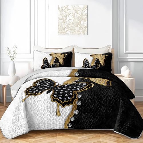 AILONEN Black White Butterfly Quilt Set for Girls,Gold Butterfly Art King Size Coverlet Bedding Set 3Pcs,Boho Floral Quilted Bedspread for Kids Women with 2 Pillowcases
