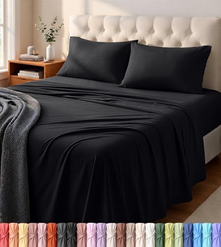 Utopia Jersey Knit 4-Piece Queen Sheet Set Cotton Sheets Soft, Stretchy T-Shirt Fabric (Queen, Black)