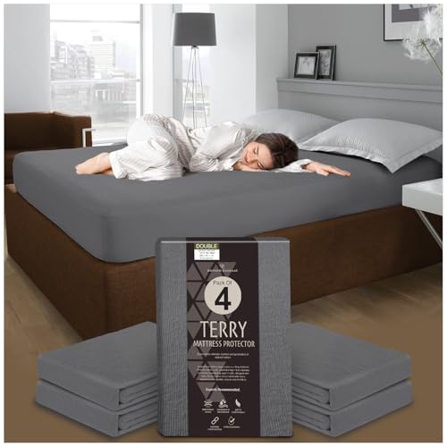 GC GAVENO CAVAILIA Pack of 4 Waterproof Mattress Protector - Terry Towelling Double Mattress Protector Fitted Sheet (190 x 137cm) - Breathable 30cm Deep Mattress Protectors - Charcoal