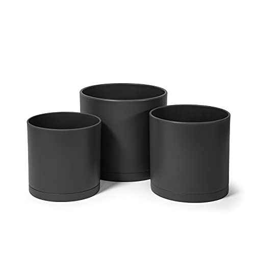 D'vine Dev 6 Inch 6.5 Inch 8 Inch, Set of 3, Black Colour Planter Pots for Plants with Drainage Hole and Seamless Saucers, Medium, 74-E-M-2