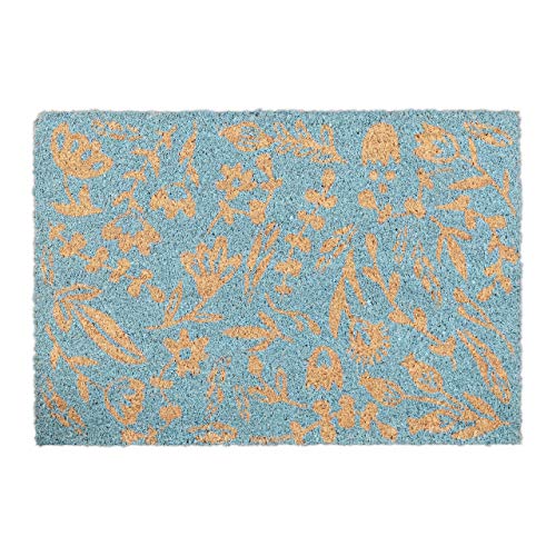Relaxdays Flowers Theme Welcome Doormat Coir, 40 x 60 cm, Door Mat Inside & Outside, Non-Slip Shoe Wiper, Blue