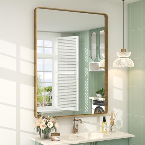 CHARMOR 28x36 Gold Framed Mirror for Bathroom, Brushed Gold Mirror with Metal Frame, Modern Rectangle Brass Vanity Mirror for Wall, Shatterproof, Anti-Rust (Horizontal/Vertical)