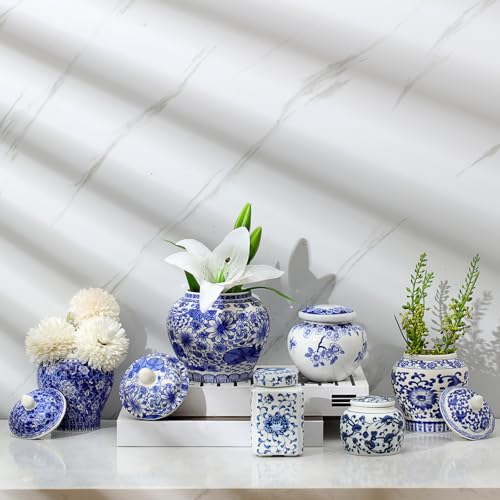 Hushee 6 Pcs Small Blue and White Vases Chinoiserie Vase Ginger Jar Porcelain Ginger Jar Chinoiserie Decor Blue and White Decor for Home Bedroom Table Centerpieces Tabletop Accent Shelf (Novelty)