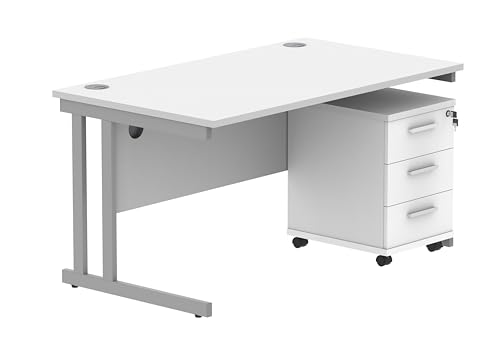 Office Hippo Heavy Duty Rectangular PC Office Desk with Storage, 3 Drawer Mobile Pedestal, Silver Frame, Arctic White Top, 140 x 80 x 73 cm