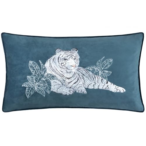 Paoletti Odisha White Tiger Embroidered Polyester Filled Cushion - Blue - 30x50cm