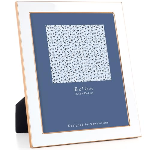 8x10(20x25cm) White Enamel Picture Frame, HD Real Glass, Gold Edge - Aluminum Alloy Frame with Tempered Glass & Slide-in Back, for Wall & Tabletop Display, Family Office Gallery