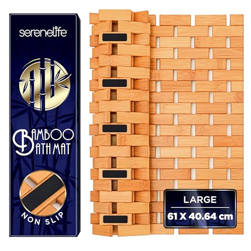SereneLife Bamboo Bath and Shower Mat, 40x60 cm Non-Slip Floor Mat with Extra Grips, Slatted Design, Natural Finish for Bathroom, Spa, Sauna – Rollable and Easy to Clean