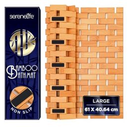 SereneLife Bamboo Bath and Shower Mat, 40x60 cm Non-Slip Floor Mat with Extra Grips, Slatted Design, Natural Finish for Bathroom, Spa, Sauna – Rollable and Easy to Clean