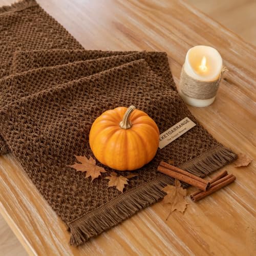 Fall Thanksgiving Boho Macrame Brown Table Runner 13x48 Inch - Woven Burlap Rustic Runner - Ideal for Coffee Table, Dresser & Dining Room - Brown Bohemian Decor