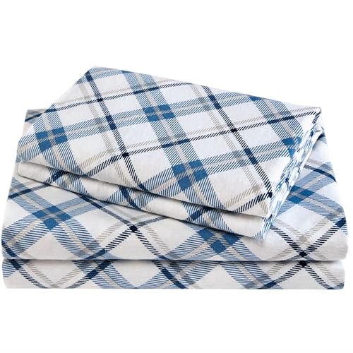 Comfort Spaces Cotton Flannel Breathable Warm Deep Pocket Sheets with Pillow Case Bedding, King, Blue Plaid 4 Piece