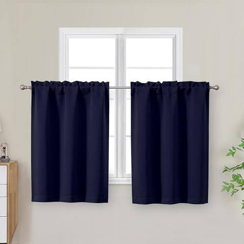 "OWENIE Navy Blue Kitchen Curtains 30 Inch Length, Short Blackout Small Thermal Insulated Curtains Tier Over Sink Rod Pocket Half Window for Bathroom Bedroom Camper RV Bunk, 2 Panels, Each 30"" Wx30 L"